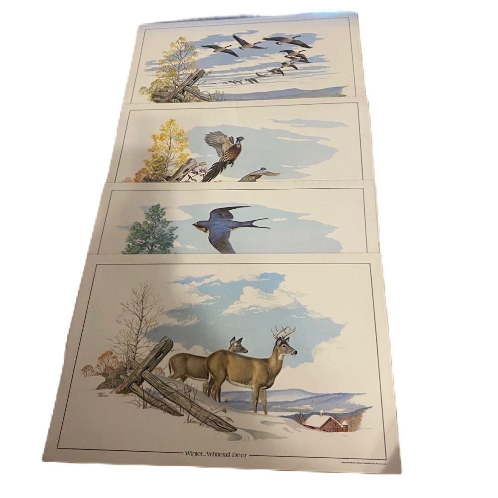 Vintage Whirley 1975 Placemats Four Seasons on the Farm Whitetail Deer Birds 4